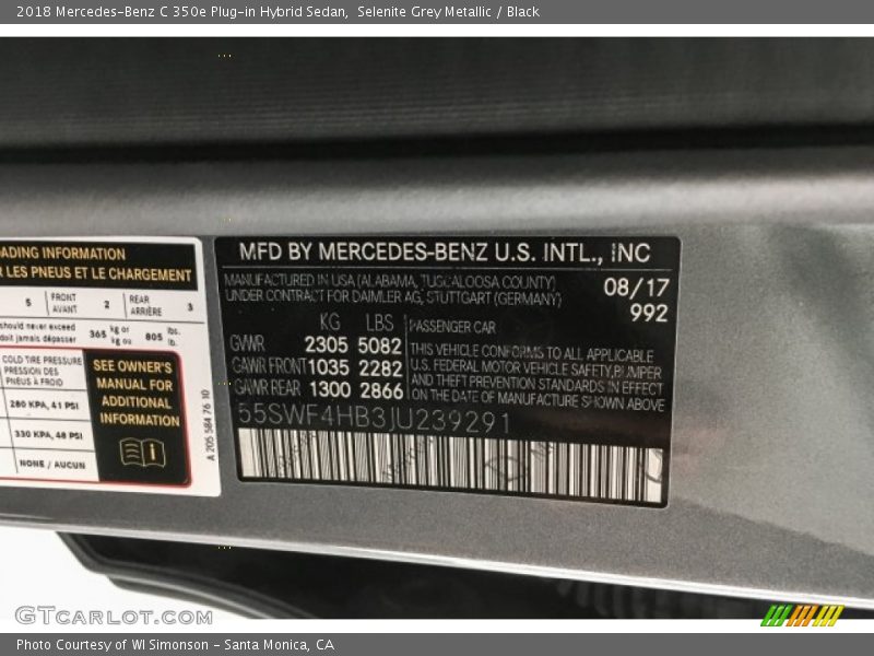 Selenite Grey Metallic / Black 2018 Mercedes-Benz C 350e Plug-in Hybrid Sedan