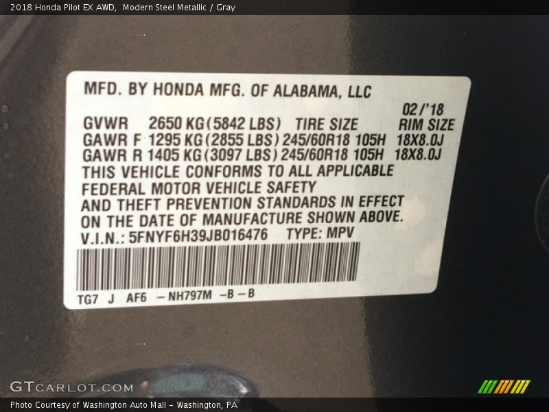Modern Steel Metallic / Gray 2018 Honda Pilot EX AWD