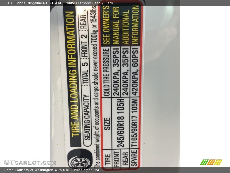 White Diamond Pearl / Black 2018 Honda Ridgeline RTL-T AWD