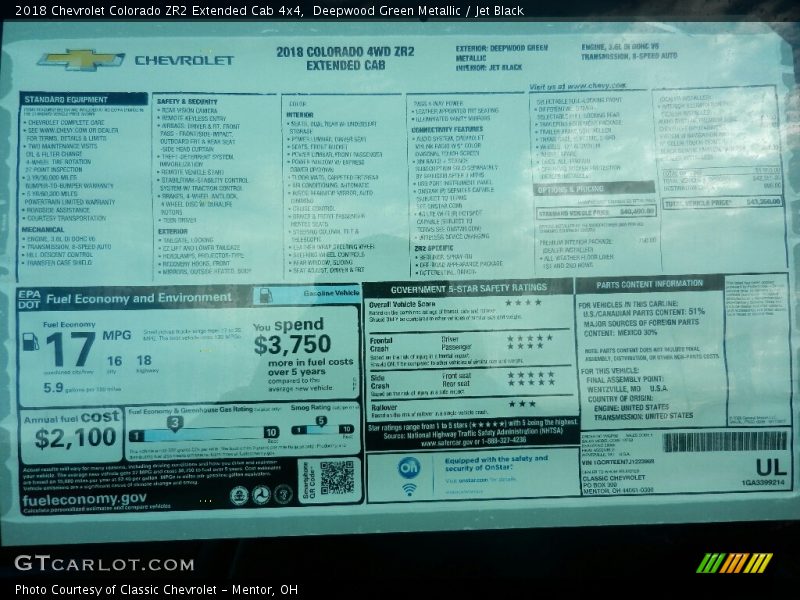 Deepwood Green Metallic / Jet Black 2018 Chevrolet Colorado ZR2 Extended Cab 4x4