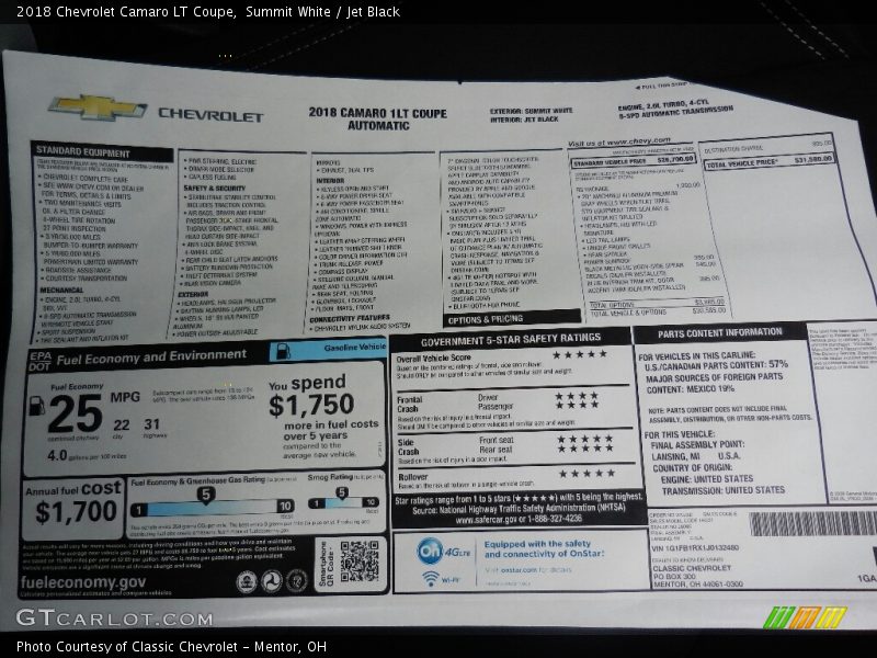 Summit White / Jet Black 2018 Chevrolet Camaro LT Coupe