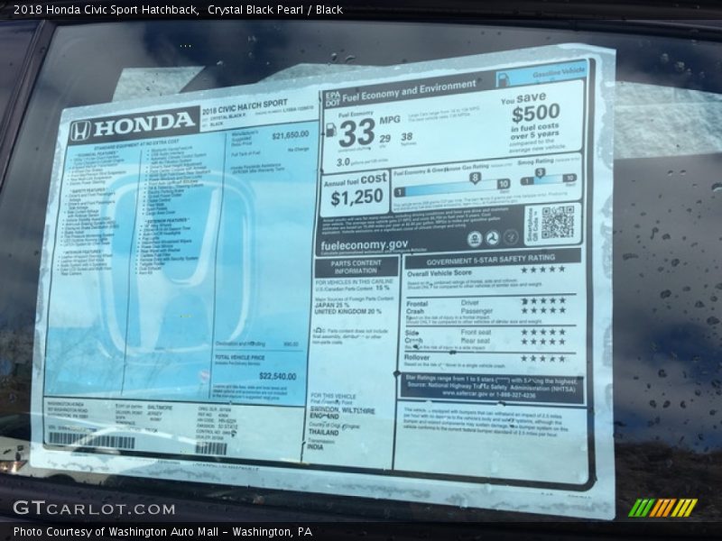  2018 Civic Sport Hatchback Window Sticker
