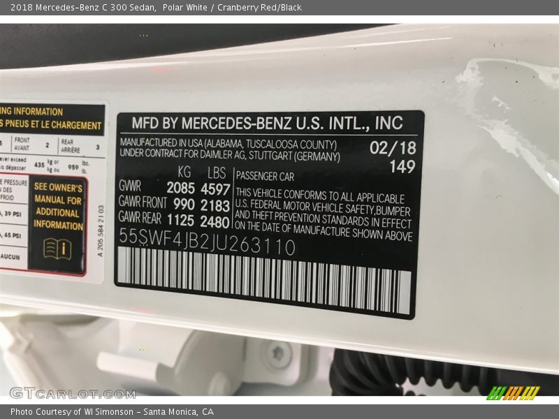 Polar White / Cranberry Red/Black 2018 Mercedes-Benz C 300 Sedan