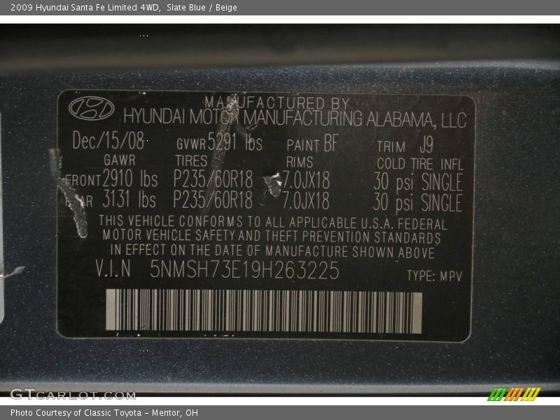 Slate Blue / Beige 2009 Hyundai Santa Fe Limited 4WD