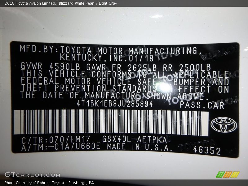 Blizzard White Pearl / Light Gray 2018 Toyota Avalon Limited