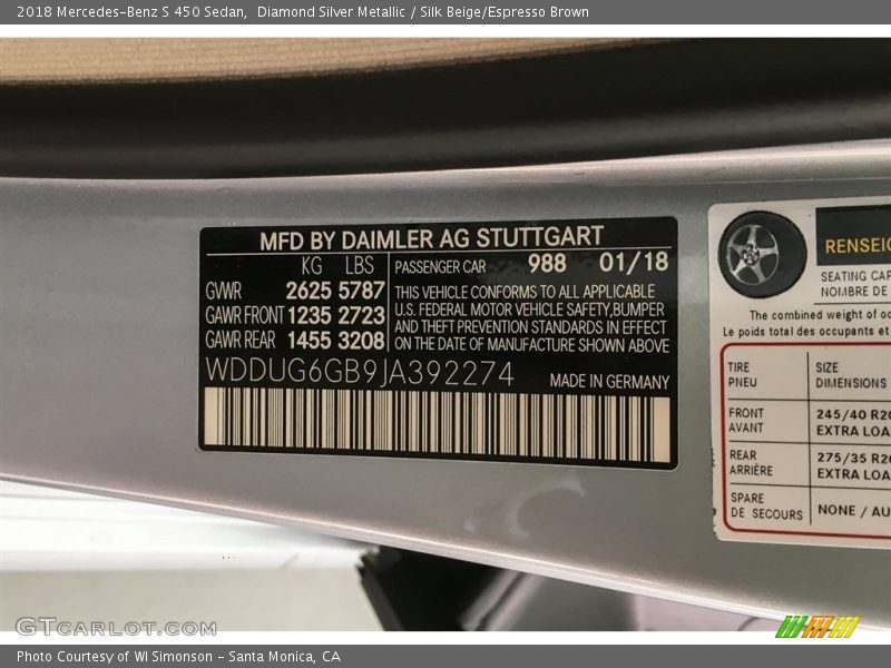 Diamond Silver Metallic / Silk Beige/Espresso Brown 2018 Mercedes-Benz S 450 Sedan