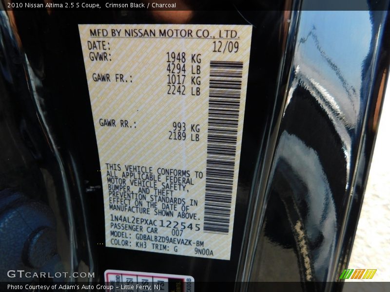 Crimson Black / Charcoal 2010 Nissan Altima 2.5 S Coupe