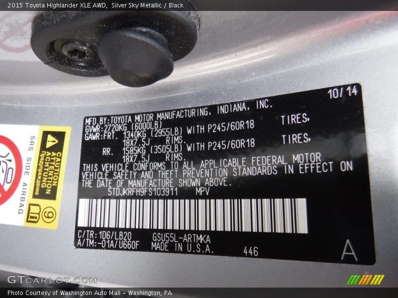 Silver Sky Metallic / Black 2015 Toyota Highlander XLE AWD
