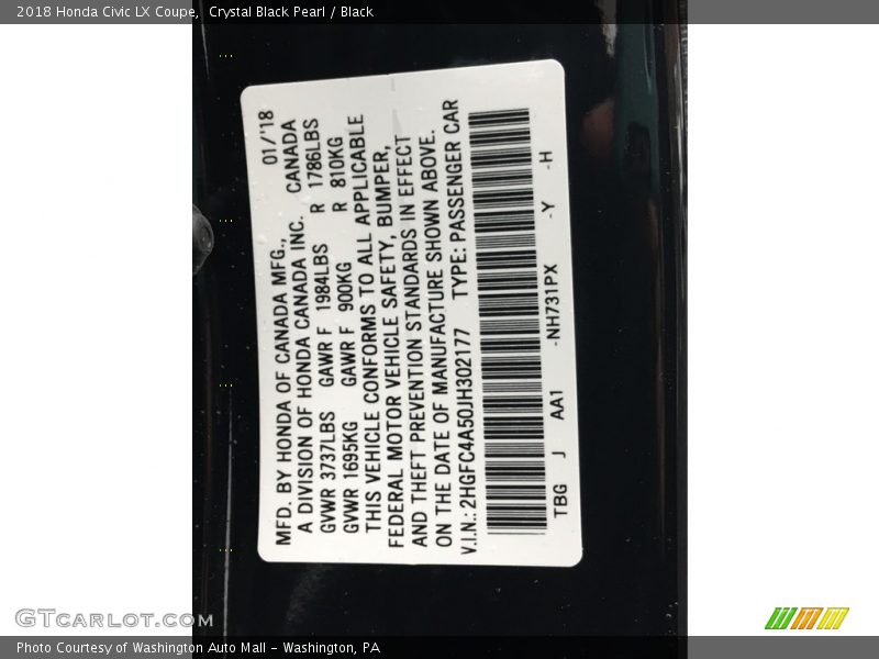 2018 Civic LX Coupe Crystal Black Pearl Color Code NH731PX
