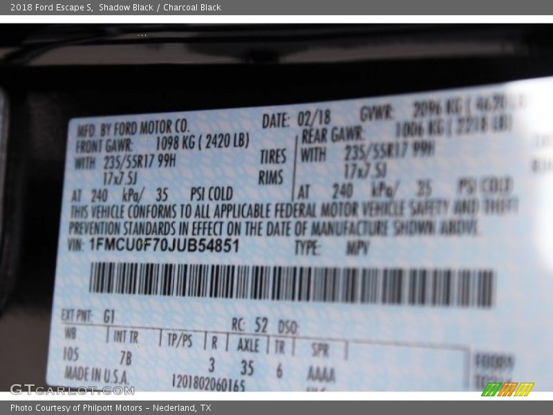 Shadow Black / Charcoal Black 2018 Ford Escape S