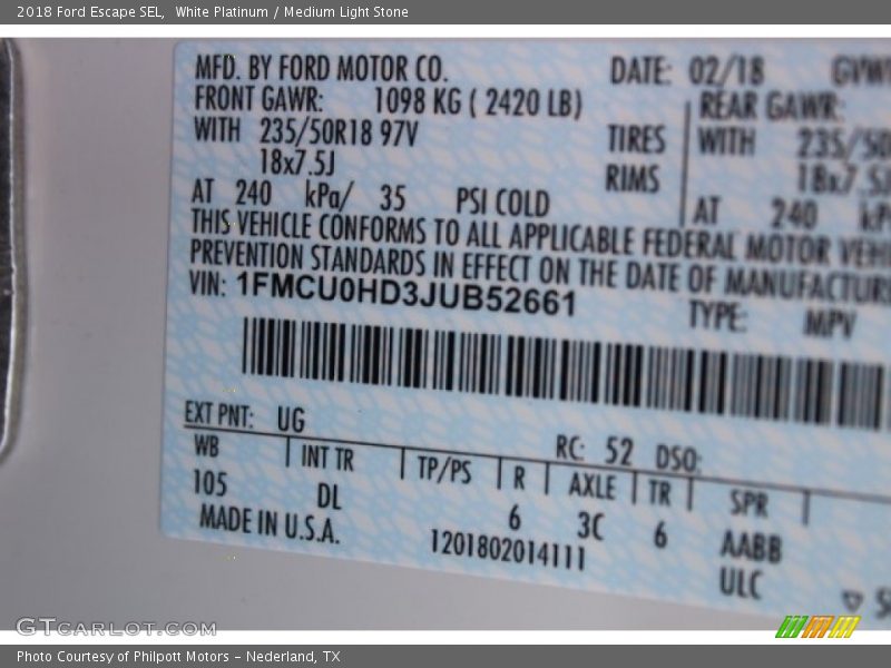 White Platinum / Medium Light Stone 2018 Ford Escape SEL