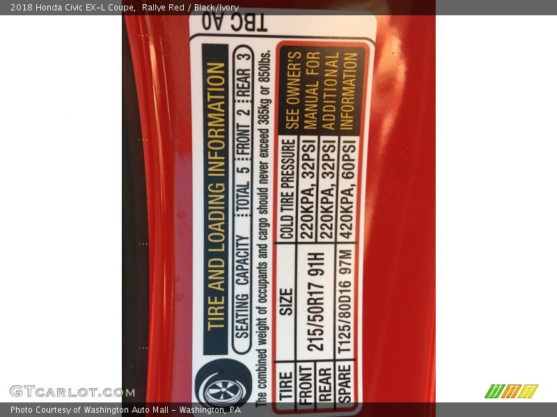 Rallye Red / Black/Ivory 2018 Honda Civic EX-L Coupe