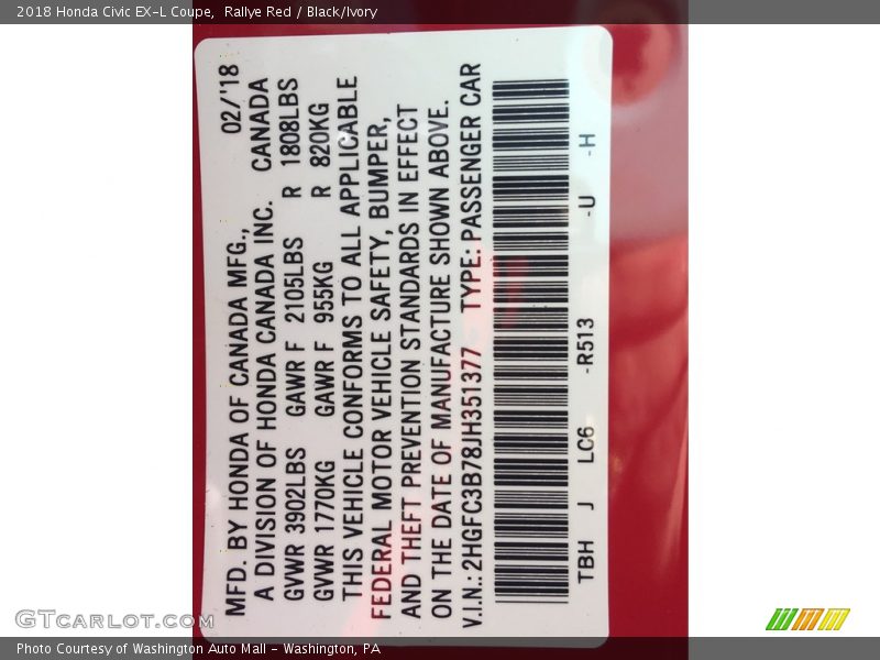 Rallye Red / Black/Ivory 2018 Honda Civic EX-L Coupe