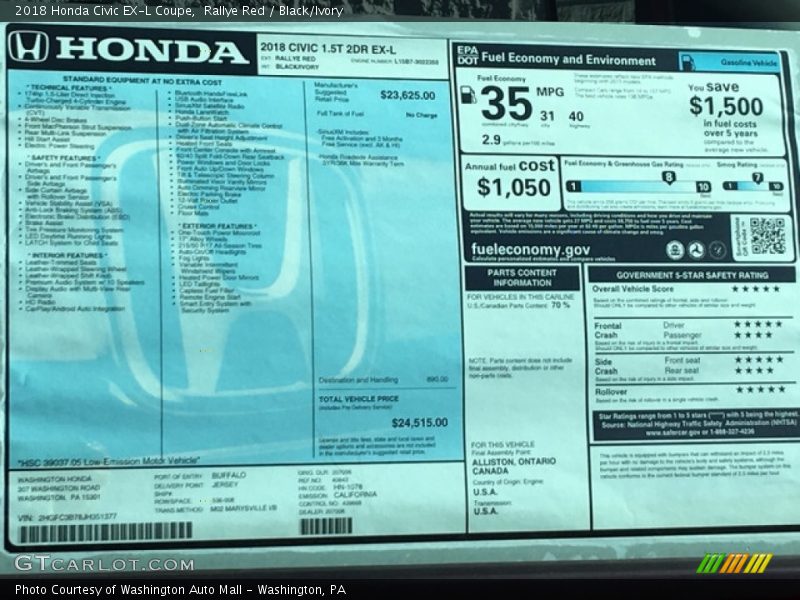 Rallye Red / Black/Ivory 2018 Honda Civic EX-L Coupe