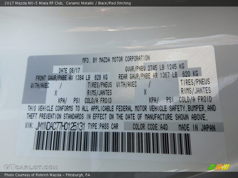 Ceramic Metallic / Black/Red Stitching 2017 Mazda MX-5 Miata RF Club