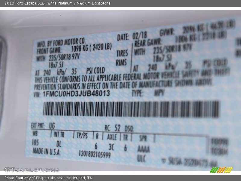White Platinum / Medium Light Stone 2018 Ford Escape SEL