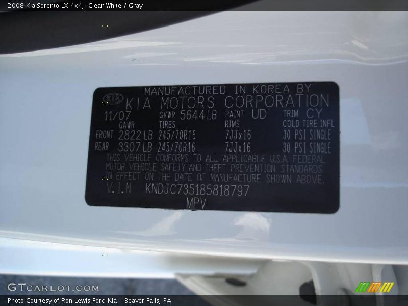 Clear White / Gray 2008 Kia Sorento LX 4x4