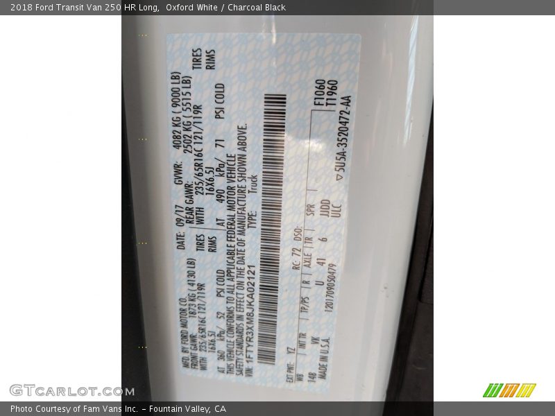 Oxford White / Charcoal Black 2018 Ford Transit Van 250 HR Long