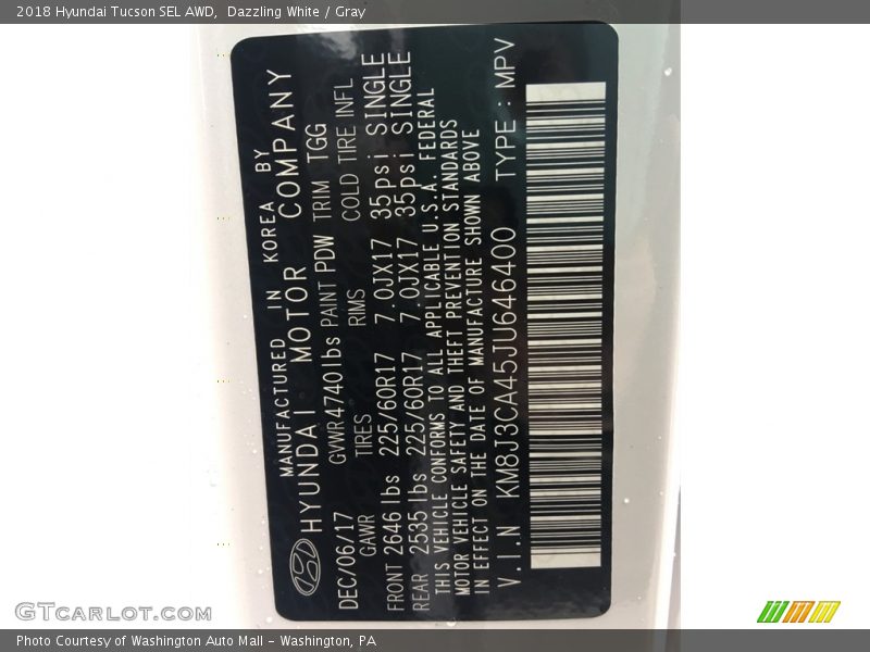 Dazzling White / Gray 2018 Hyundai Tucson SEL AWD