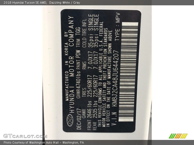 Dazzling White / Gray 2018 Hyundai Tucson SE AWD
