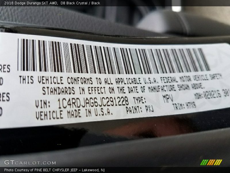 DB Black Crystal / Black 2018 Dodge Durango SXT AWD
