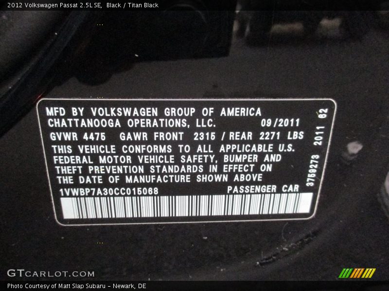 Black / Titan Black 2012 Volkswagen Passat 2.5L SE