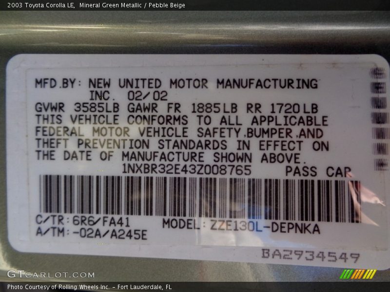 Mineral Green Metallic / Pebble Beige 2003 Toyota Corolla LE