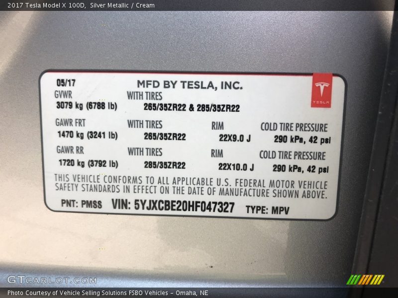 Info Tag of 2017 Model X 100D