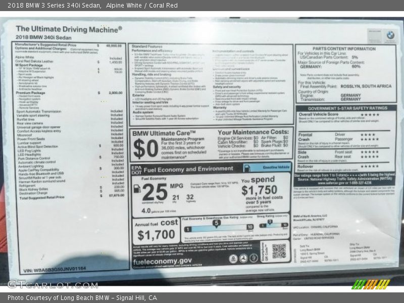 Alpine White / Coral Red 2018 BMW 3 Series 340i Sedan