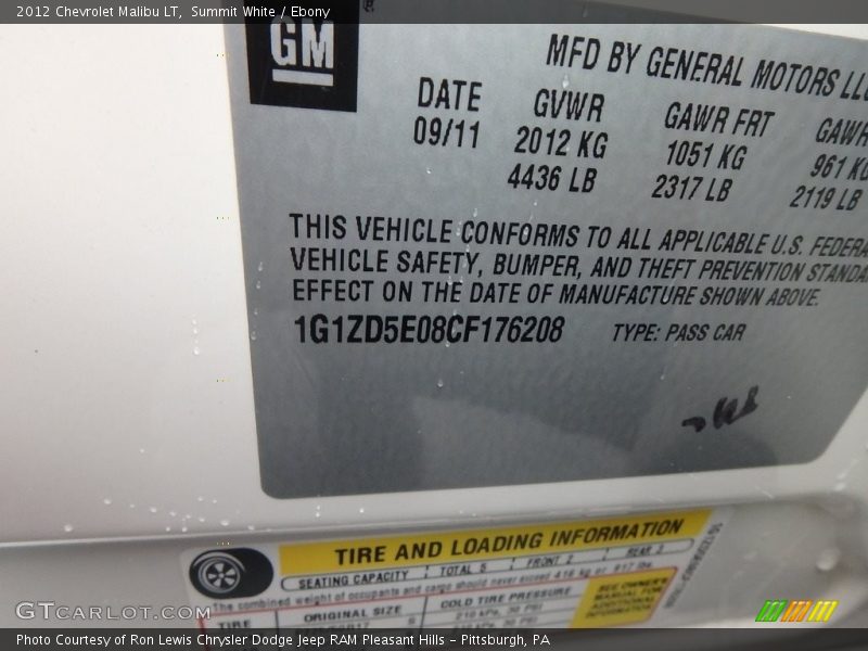 Summit White / Ebony 2012 Chevrolet Malibu LT