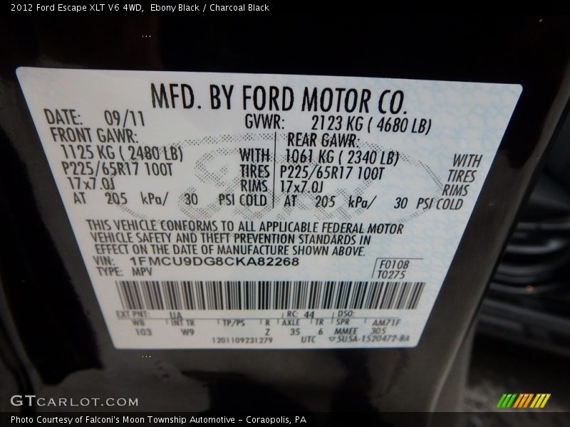 Ebony Black / Charcoal Black 2012 Ford Escape XLT V6 4WD