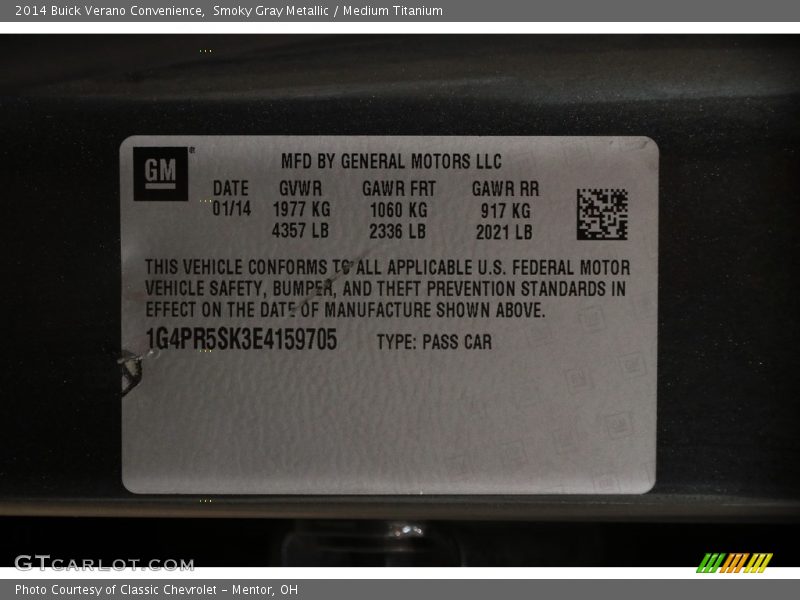 Smoky Gray Metallic / Medium Titanium 2014 Buick Verano Convenience