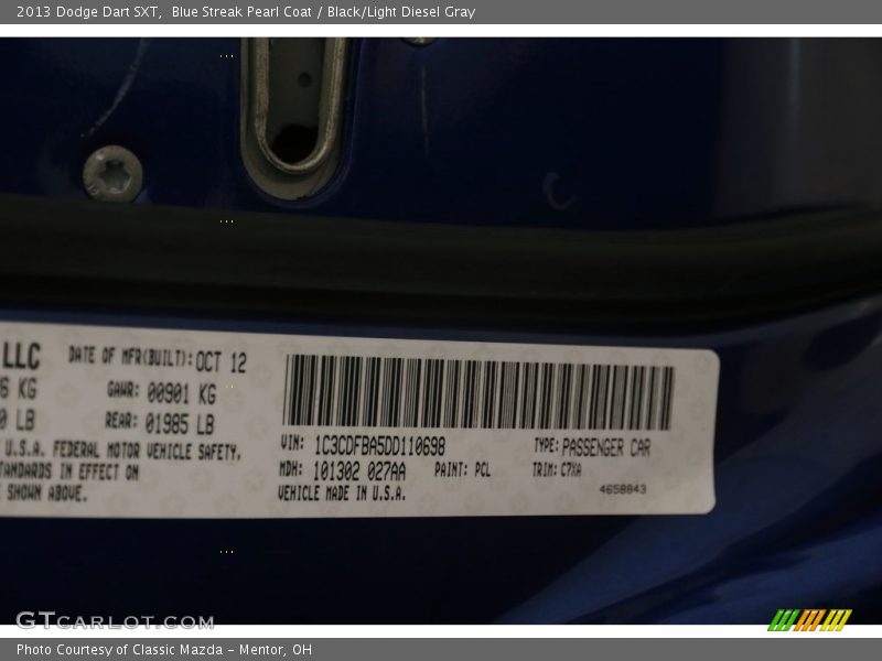 Blue Streak Pearl Coat / Black/Light Diesel Gray 2013 Dodge Dart SXT