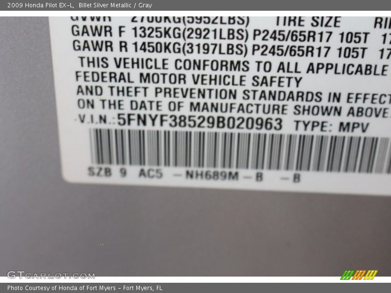 Billet Silver Metallic / Gray 2009 Honda Pilot EX-L