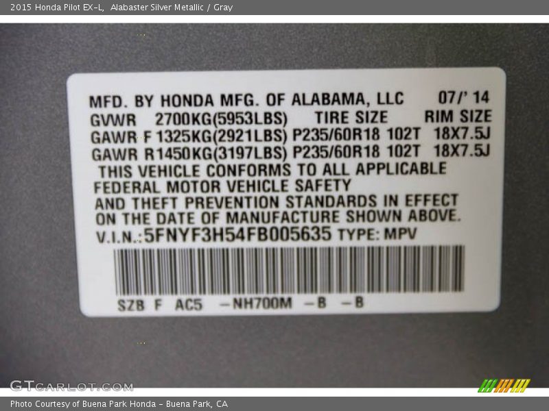 Alabaster Silver Metallic / Gray 2015 Honda Pilot EX-L