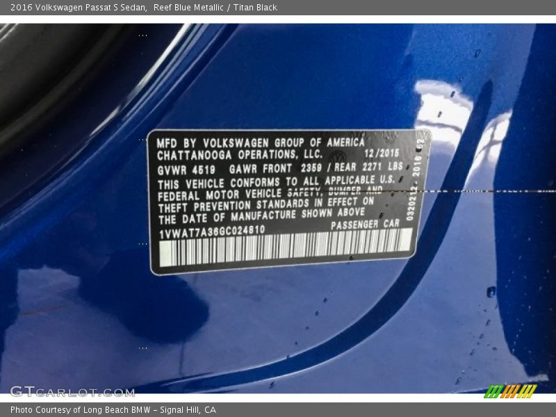 Reef Blue Metallic / Titan Black 2016 Volkswagen Passat S Sedan