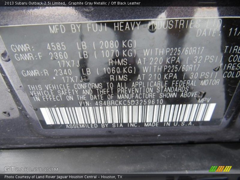 Graphite Gray Metallic / Off Black Leather 2013 Subaru Outback 2.5i Limited
