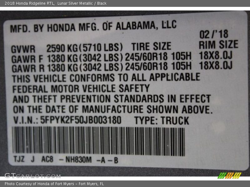 Lunar Silver Metallic / Black 2018 Honda Ridgeline RTL