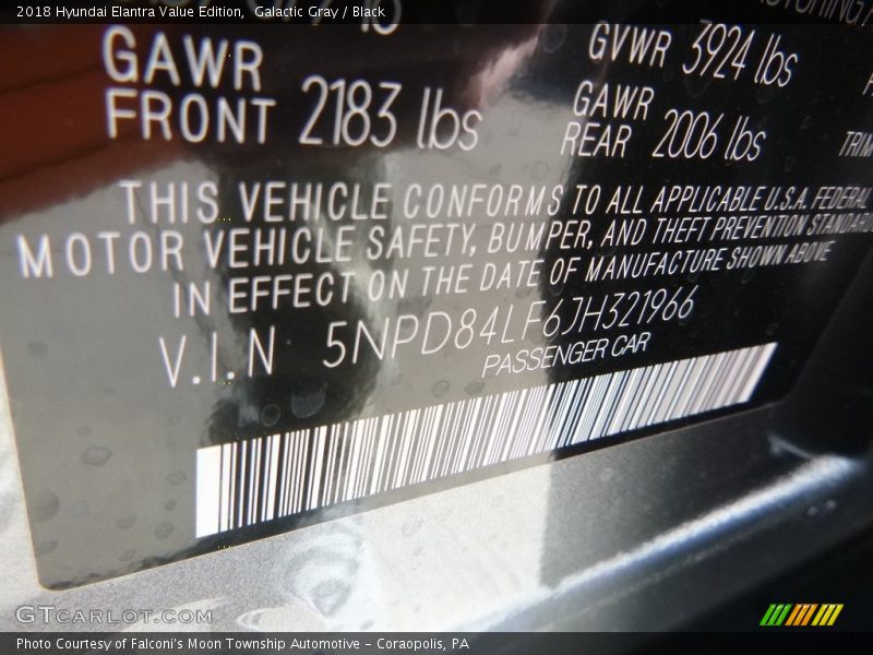 Galactic Gray / Black 2018 Hyundai Elantra Value Edition