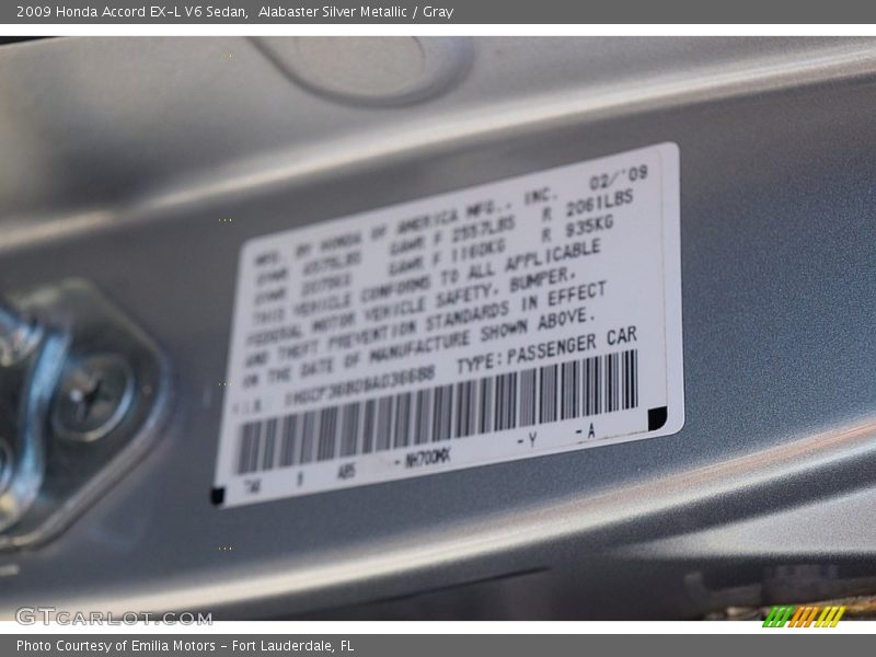 Alabaster Silver Metallic / Gray 2009 Honda Accord EX-L V6 Sedan