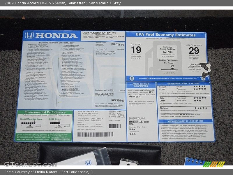 Alabaster Silver Metallic / Gray 2009 Honda Accord EX-L V6 Sedan