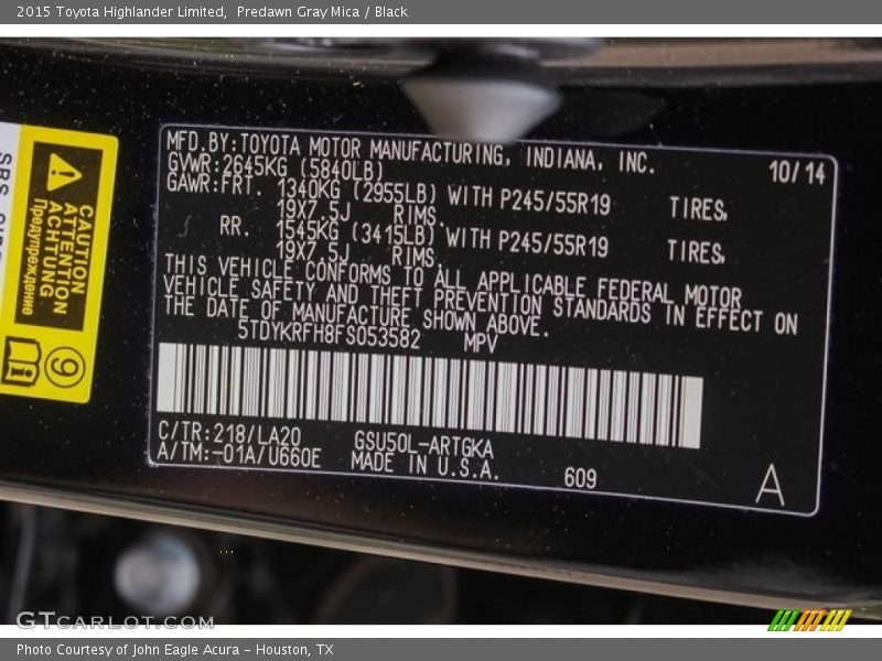 Predawn Gray Mica / Black 2015 Toyota Highlander Limited