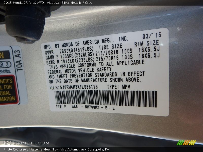 Alabaster Silver Metallic / Gray 2015 Honda CR-V LX AWD