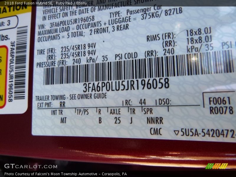 Ruby Red / Ebony 2018 Ford Fusion Hybrid SE