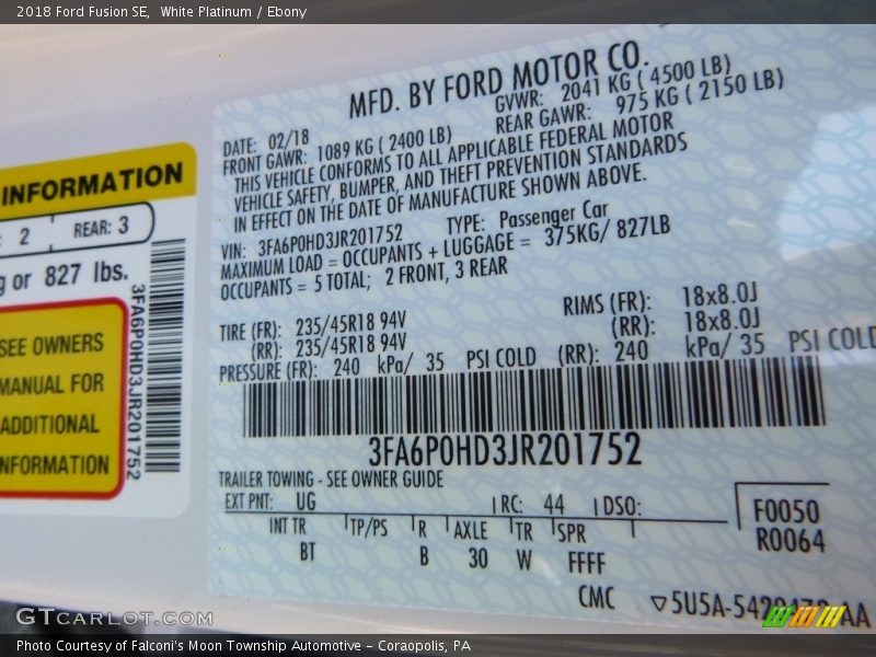 2018 Fusion SE White Platinum Color Code UG