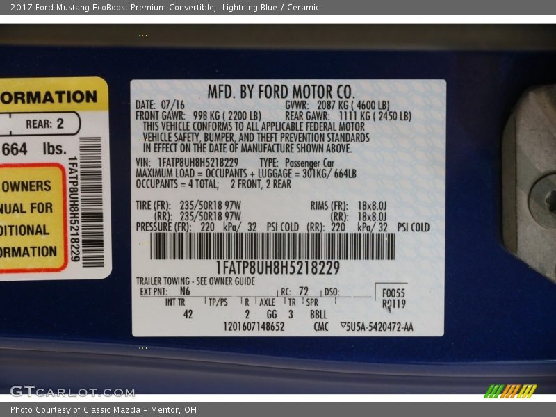 Lightning Blue / Ceramic 2017 Ford Mustang EcoBoost Premium Convertible