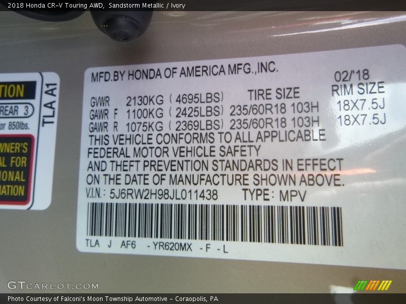 Sandstorm Metallic / Ivory 2018 Honda CR-V Touring AWD