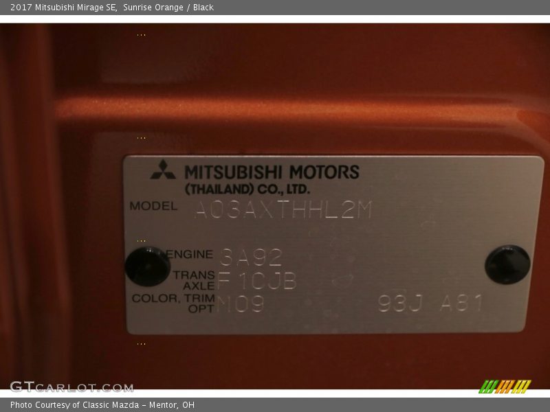 Sunrise Orange / Black 2017 Mitsubishi Mirage SE