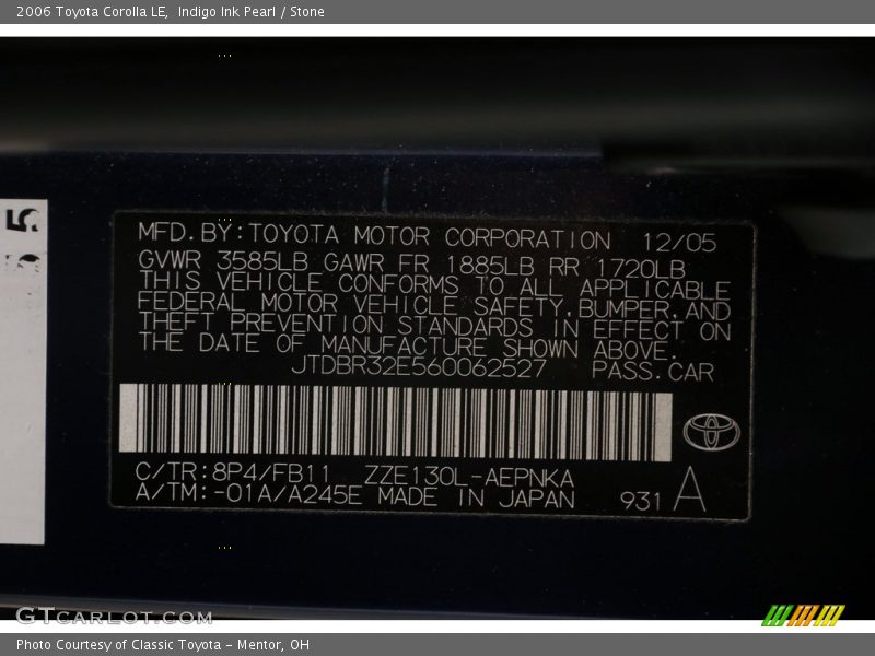 Indigo Ink Pearl / Stone 2006 Toyota Corolla LE