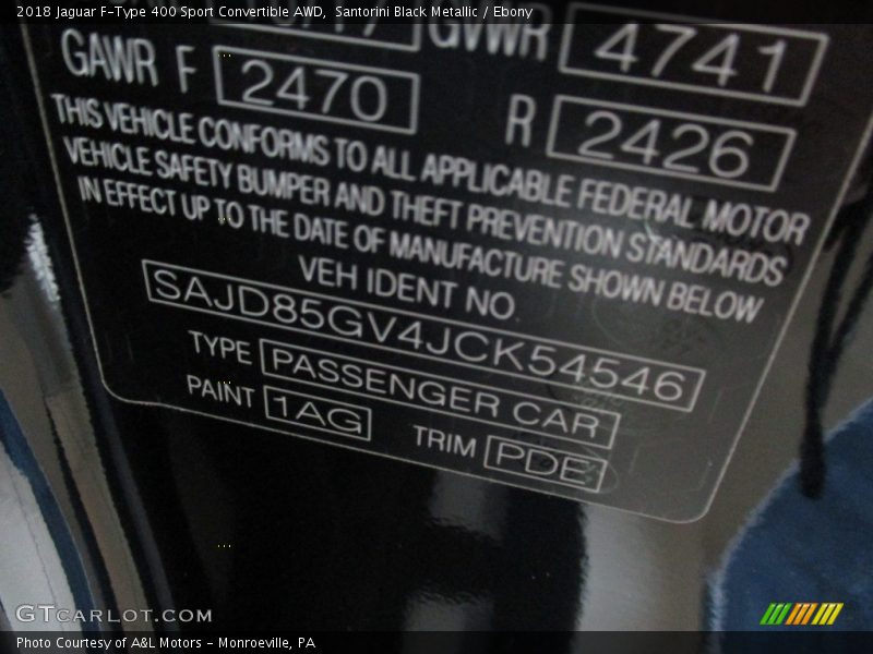 2018 F-Type 400 Sport Convertible AWD Santorini Black Metallic Color Code 1AG